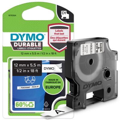 DYMO D1 Durable 12mmX5.5M BK on WT