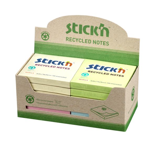 Stickn Recycled Notes 76x76mm Astd PK12