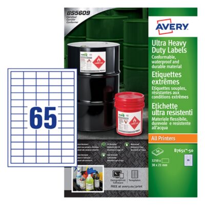 Avery Resistant Labels 38 x 21mm Pk3250