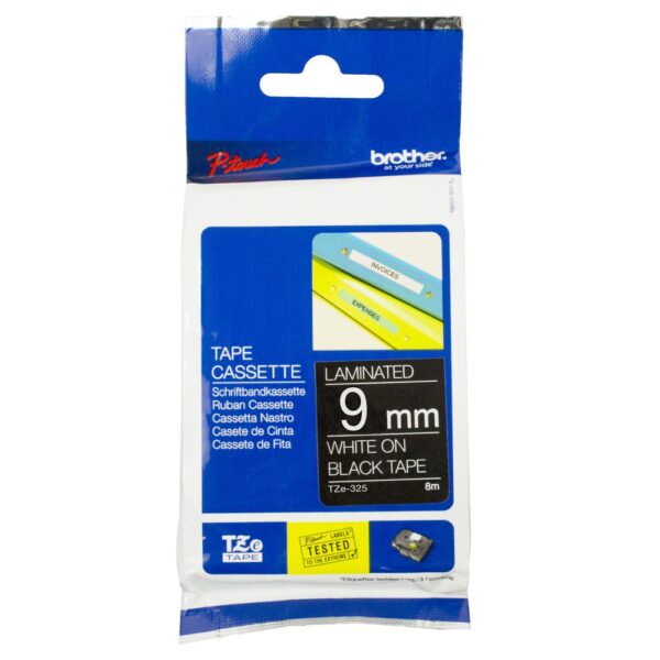 9MM GLOSS WHITE ON BK LABELLING TAPE