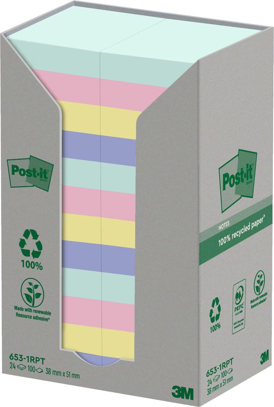 Post it Recycled Notes Asst 38x51 PK24