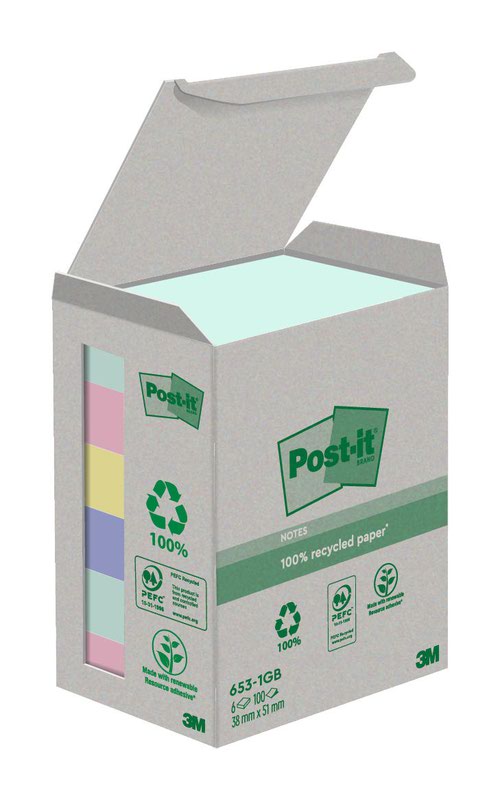 Post it Recycled Notes Asst 38x51 PK6