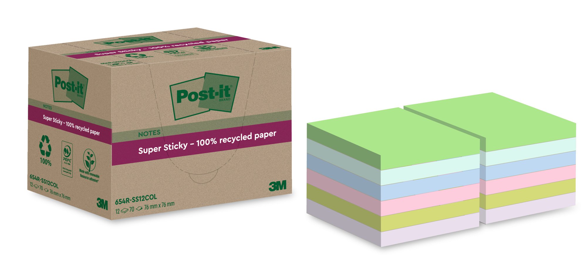 Post-it SSticky Recy 76 x 76 Asstd PK12