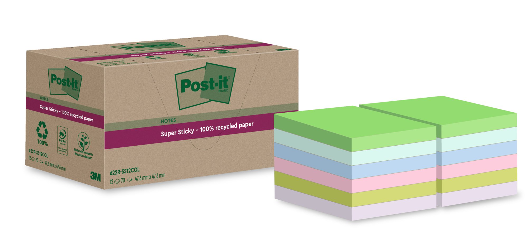 Post-it SS Recy 47.6 x 47.6 Asstd PK12