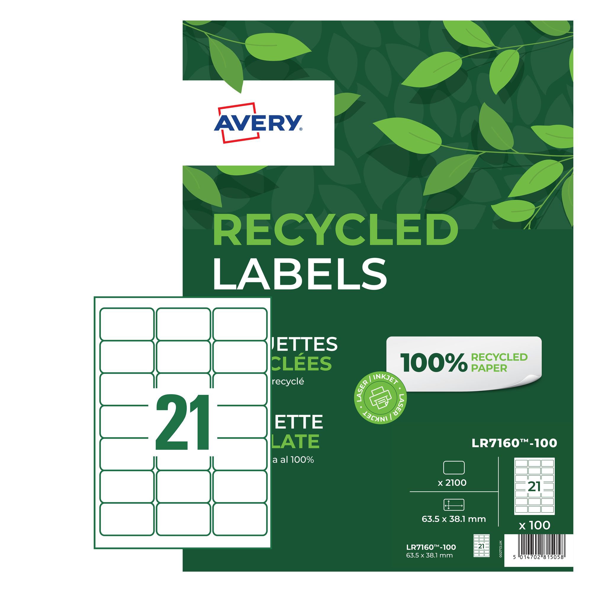 Avery QP Recycled Lbl 63x38mm PK2100