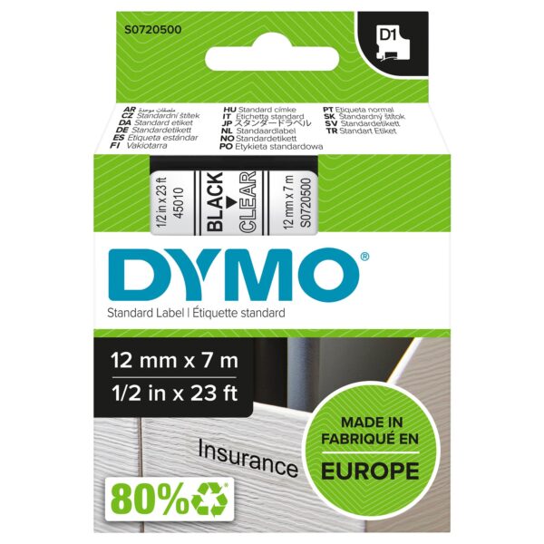DYMO D1 Tape 12mm Black on trnsprnt