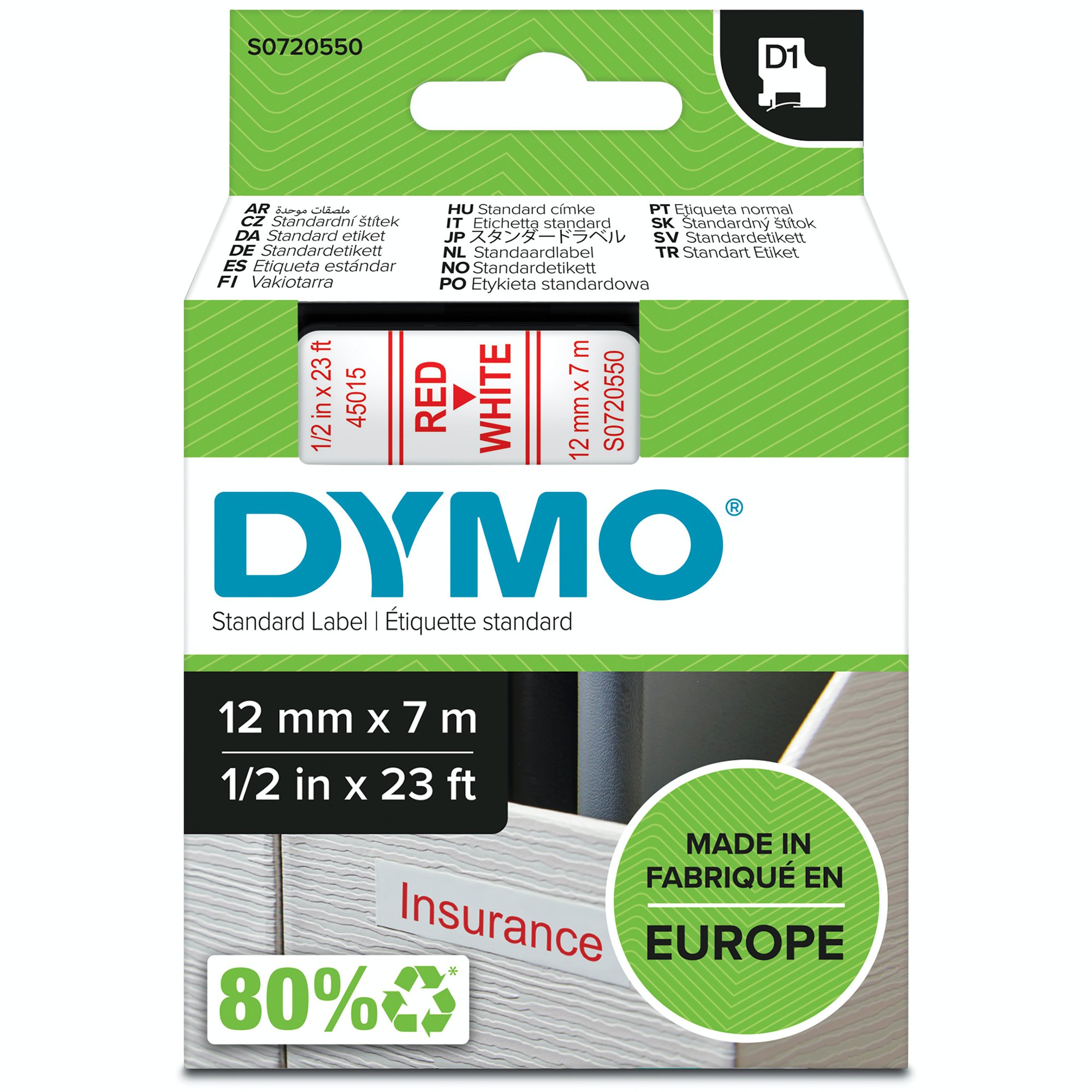 DYMO D1 Tape 12mm Red on white