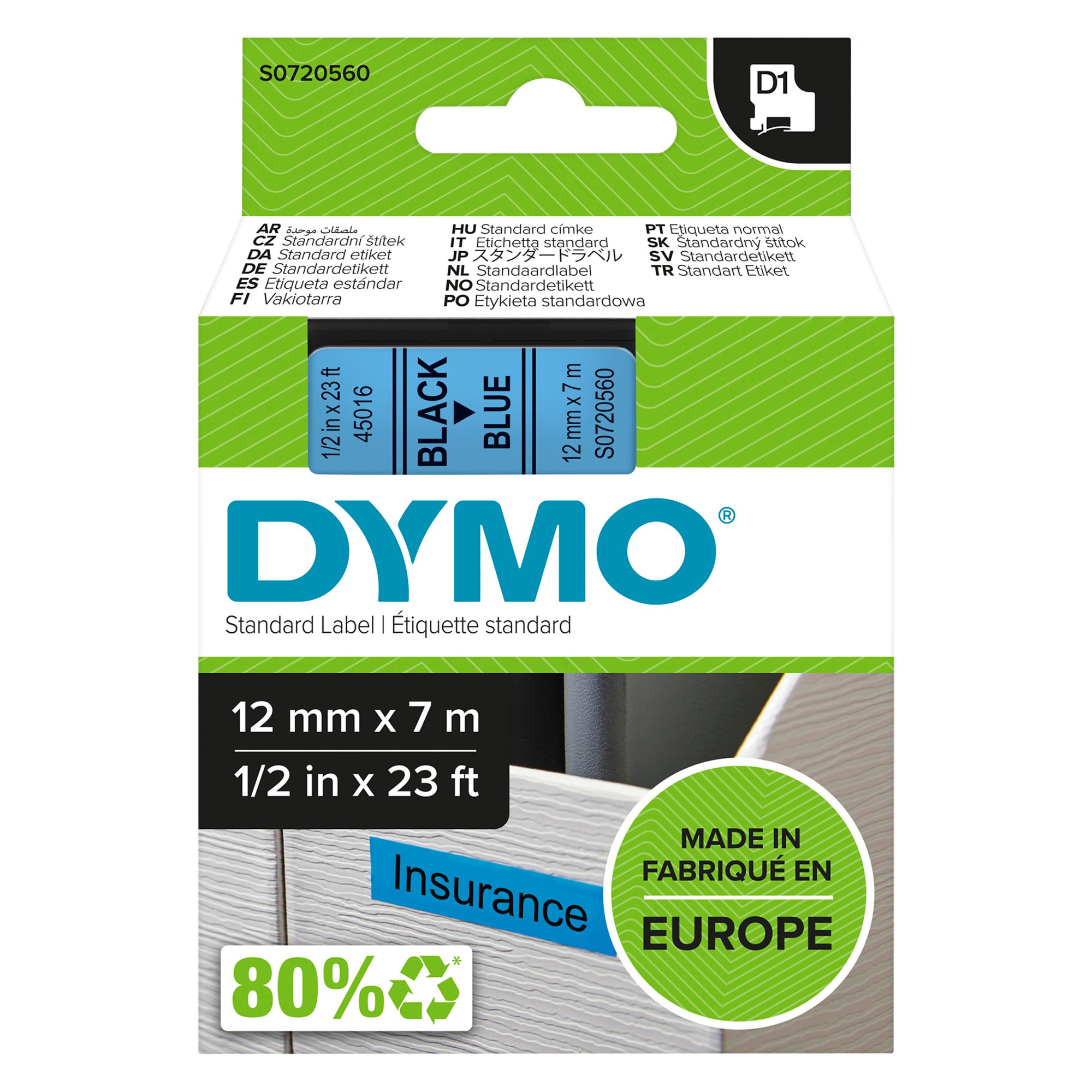 DYMO D1 Tape 12mm Black on Blue