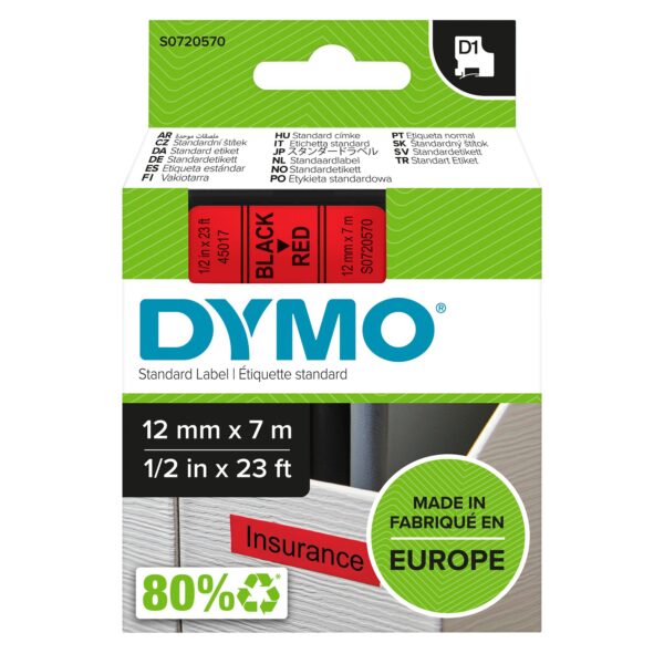 DYMO D1 Tape 12mm Black on Red