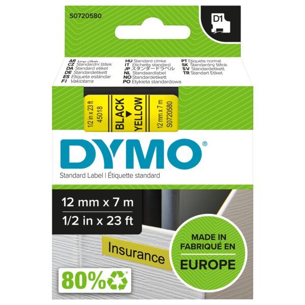 Dymo D1 Tape 12mm Black on Yellow