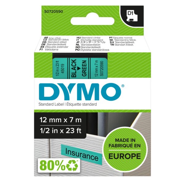 DYMO D1 Tape 12mm Black on Green