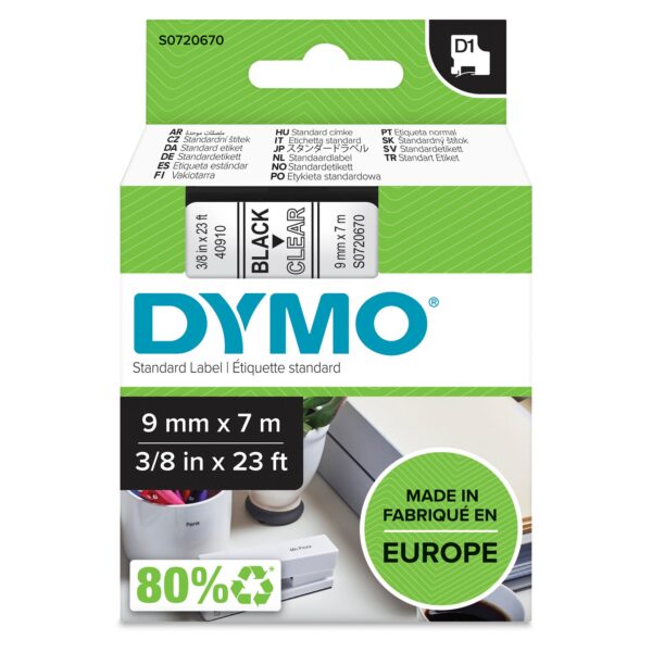 DYMO D1 Tape 9mm Black on trnsprnt