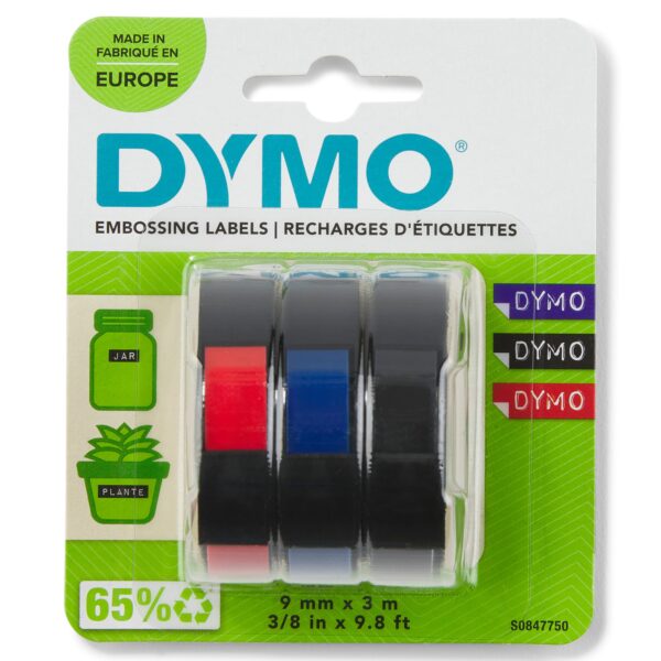 DYMO Embossing Tape 9mmX3m R/BK/BL PK3